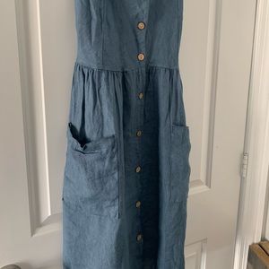 Blue Jean coloured 100% linen sleeveless dress